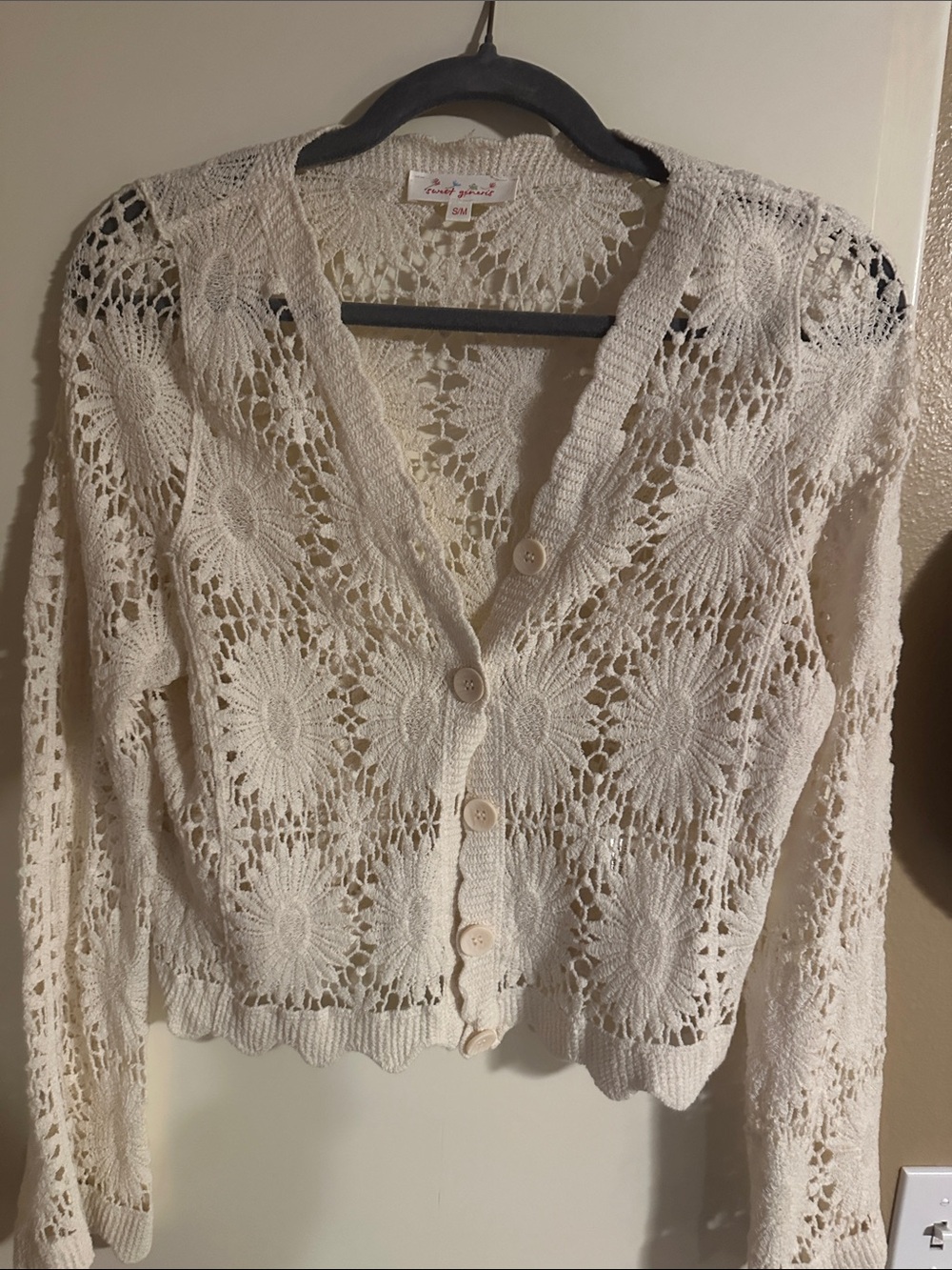 Crochet Openwork Cream Button-Front Cardigan